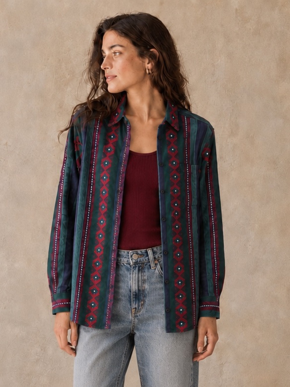 Westbound Multicolor Striped Button-Up Shirt — Teal & Burgundy Accents